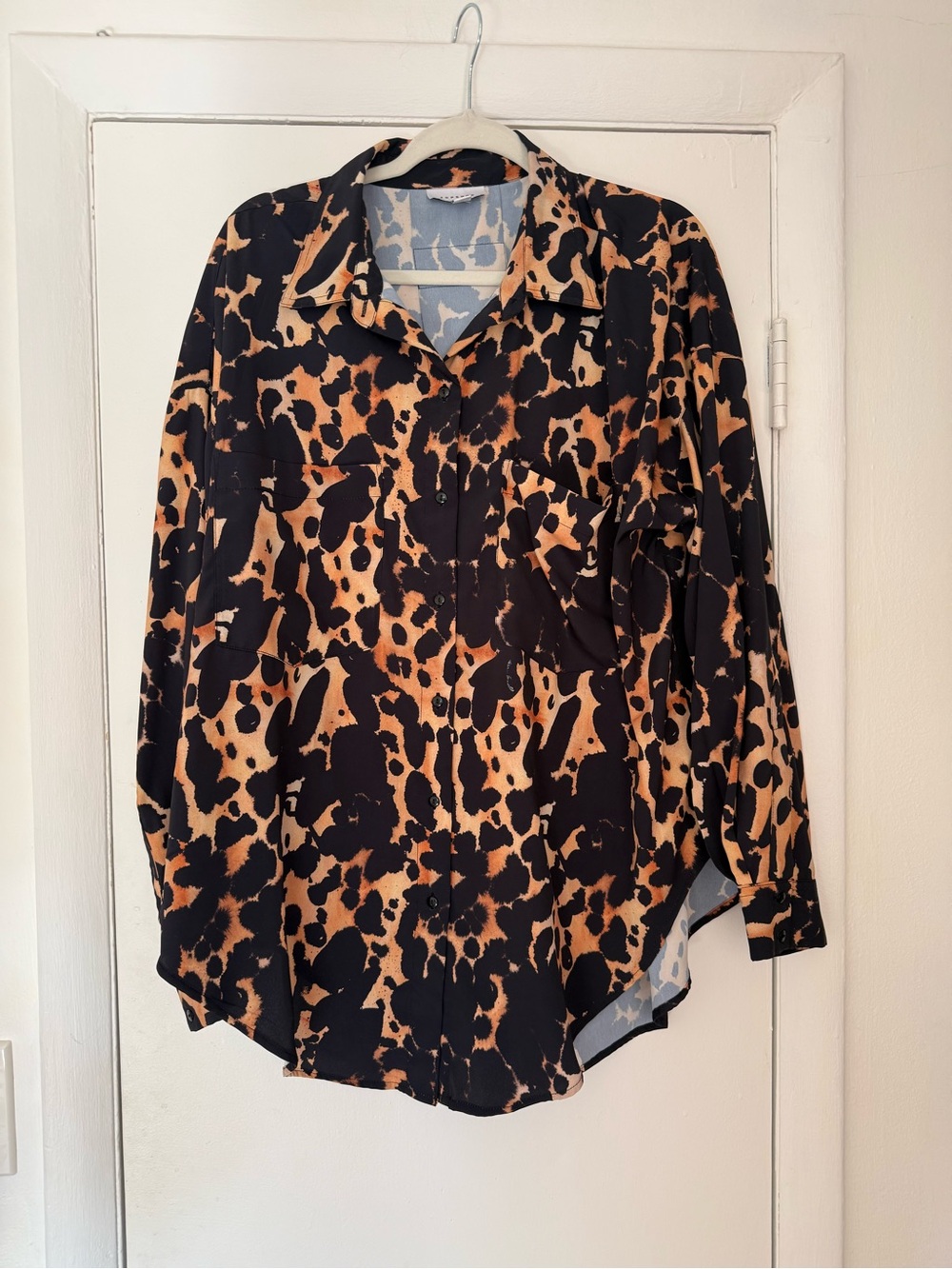 Topshop Leopard Print Oversized Button-Up Blouse in Black and Tan